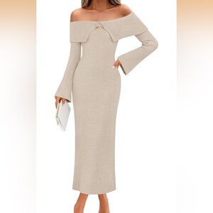 Cream Knit Midi Dress with Long Sleeves and gold charm